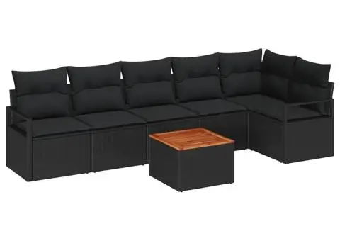 Set de canapea de grădină, 7 piese, marca , cu perne negre, din ratan poliester și acacia. - 2/5