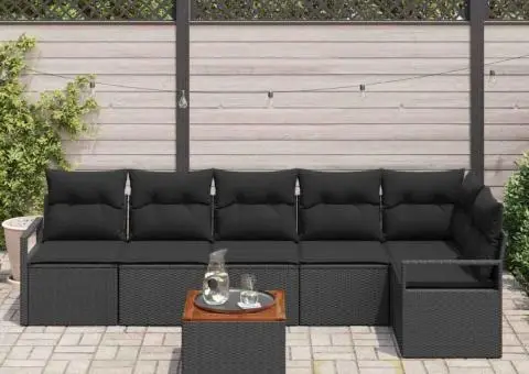 Set de canapea de grădină, 7 piese, marca , cu perne negre, din ratan poliester și acacia. - 3/5