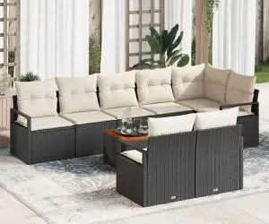 Set de canapea de grădină de 9 piese cu perne, negru, din ratan sintetic și acacia
