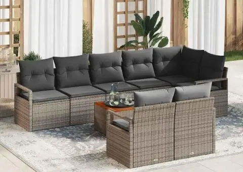 Set de canapea de grădină cu 9 piese și perne gri, din rattan sintetic și acacia - 1/5