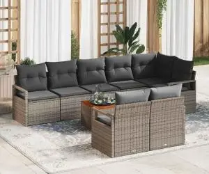 Set de canapea de grădină cu 9 piese și perne gri, din rattan sintetic și acacia