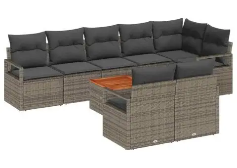 Set de canapea de grădină cu 9 piese și perne gri, din rattan sintetic și acacia - 2/5