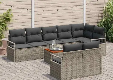 Set de canapea de grădină cu 9 piese și perne gri, din rattan sintetic și acacia - 3/5