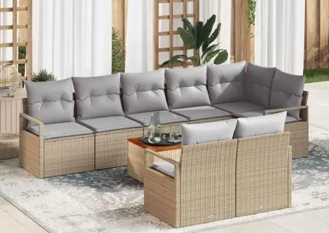 Set de canapele de grădină, 9 piese cu perne bej din rattan și lemn de acacia - 1/5