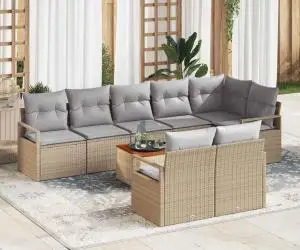 Set de canapele de grădină, 9 piese cu perne bej din rattan și lemn de acacia