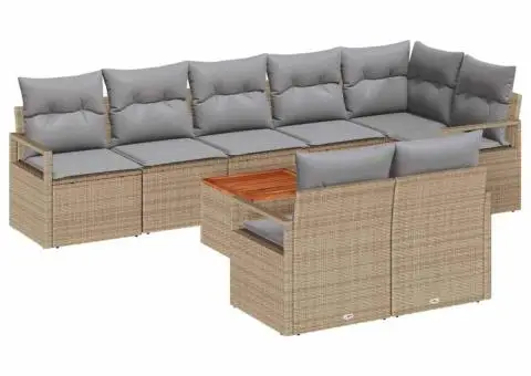 Set de canapele de grădină, 9 piese cu perne bej din rattan și lemn de acacia - 2/5