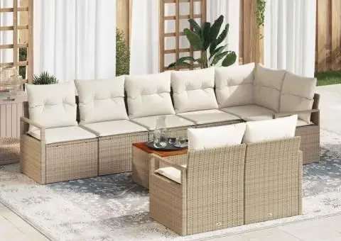 Set de canapea de grădină cu 9 piese și perne bej din ratan sintetic și acacia. - 1/5