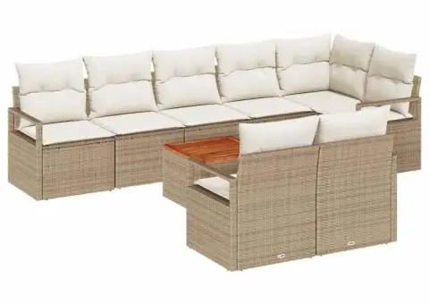 Set de canapea de grădină cu 9 piese și perne bej din ratan sintetic și acacia. - 2/5