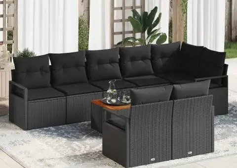 Set de canapele de grădină 9 piese cu perne, rattan poly negru, acacia - 1/5