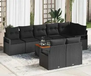 Set de canapele de grădină 9 piese cu perne, rattan poly negru, acacia
