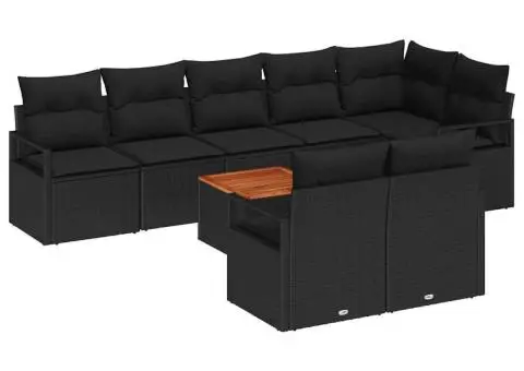 Set de canapele de grădină 9 piese cu perne, rattan poly negru, acacia - 2/5