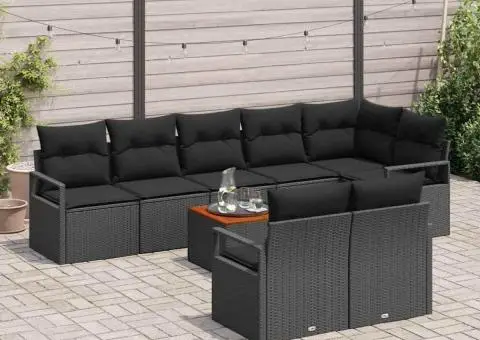 Set de canapele de grădină 9 piese cu perne, rattan poly negru, acacia - 3/5