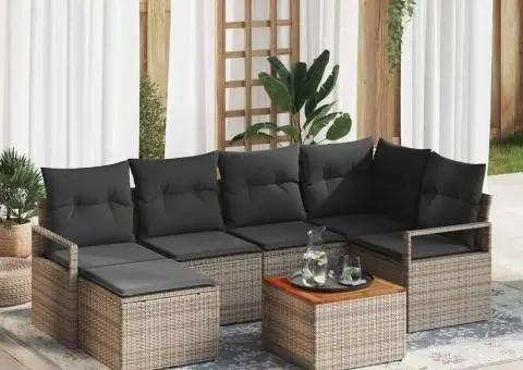 Set de canapele de grădină cu 7 piese și perne, gri, din rattan poly și acacia - 1/5