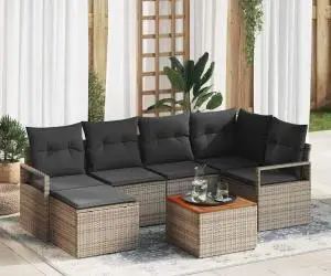 Set de canapele de grădină cu 7 piese și perne, gri, din rattan poly și acacia