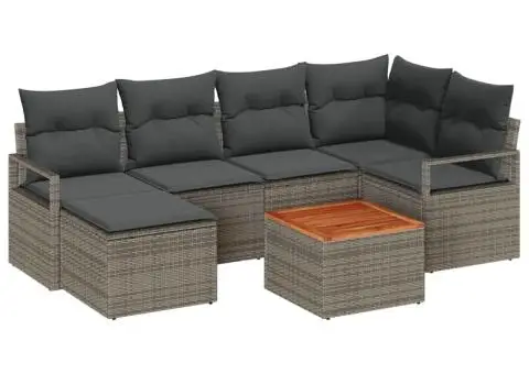Set de canapele de grădină cu 7 piese și perne, gri, din rattan poly și acacia - 2/5
