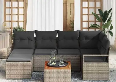 Set de canapele de grădină cu 7 piese și perne, gri, din rattan poly și acacia - 3/5