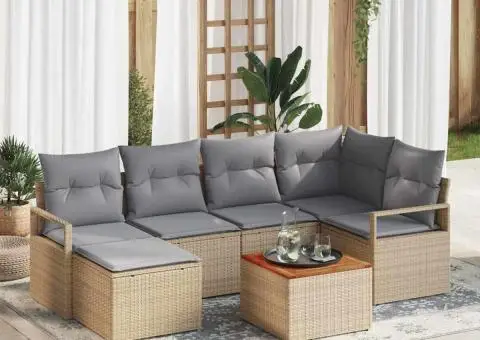 Set de canapea pentru grădină, 7 piese, cu perne, bej, din rattan sintetic și lemn de acacia. - 1/5