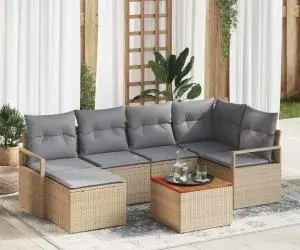 Set de canapea pentru grădină, 7 piese, cu perne, bej, din rattan sintetic și lemn de acacia.