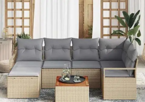 Set de canapea pentru grădină, 7 piese, cu perne, bej, din rattan sintetic și lemn de acacia. - 3/5