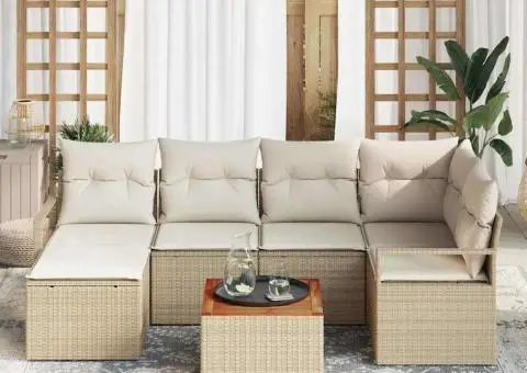 Set de canapea de grădină cu 7 piese, bej, ratan sintetic și acacia - 3/5