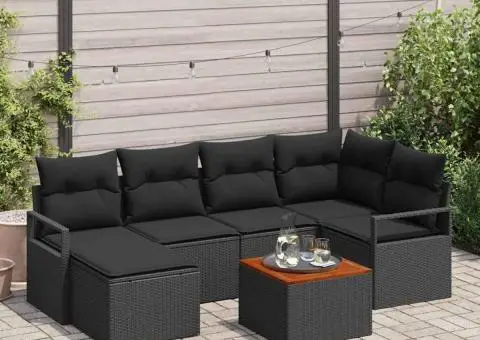 Set de canapele de grădină cu 7 piese, perne incluse, din ratan poliester negru și acacia. - 1/5