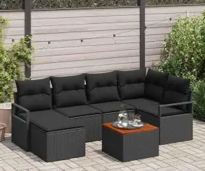 vidaXL Set de canapele de grădină cu 7 piese, perne incluse, din ratan poliester negru și acacia.