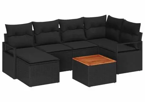 Set de canapele de grădină cu 7 piese, perne incluse, din ratan poliester negru și acacia. - 2/5