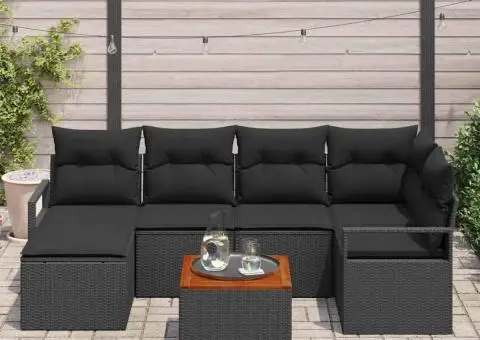 Set de canapele de grădină cu 7 piese, perne incluse, din ratan poliester negru și acacia. - 3/5
