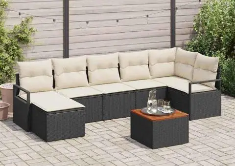 Set de canapea de grădină cu 8 piese, perne incluse, ratan poly negru, acacia. - 1/5