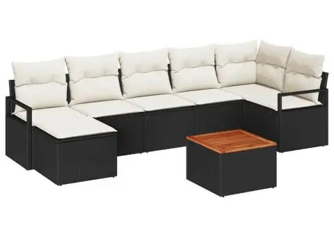 Set de canapea de grădină cu 8 piese, perne incluse, ratan poly negru, acacia. - 2/5