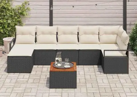 Set de canapea de grădină cu 8 piese, perne incluse, ratan poly negru, acacia. - 3/5