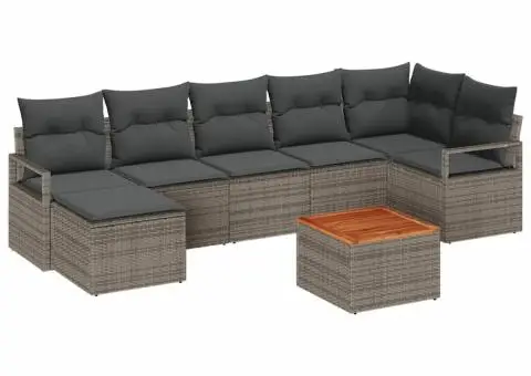 Set de canapele de grădină cu 8 piese și perne gri, din ratan sintetic, lemn de acacia - 2/5