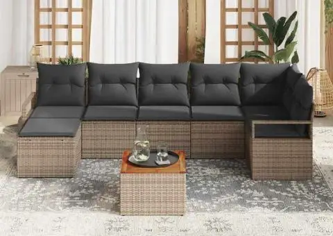 Set de canapele de grădină cu 8 piese și perne gri, din ratan sintetic, lemn de acacia - 3/5
