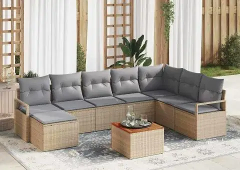 Set de canapea de grădină cu 8 piese și perne bej din rattan sintetic și acacia - 1/5