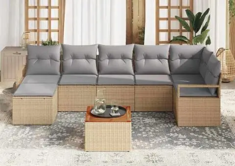 Set de canapea de grădină cu 8 piese și perne bej din rattan sintetic și acacia - 3/5