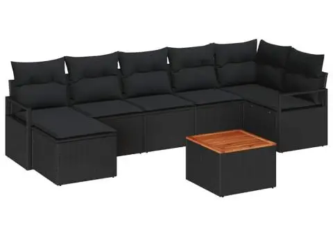 Set de mobila pentru grădină cu 8 piese și perne negre, ratan sintetic, acacia - 2/5