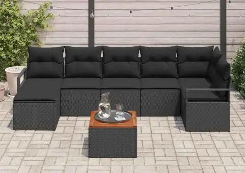 Set de mobila pentru grădină cu 8 piese și perne negre, ratan sintetic, acacia - 3/5