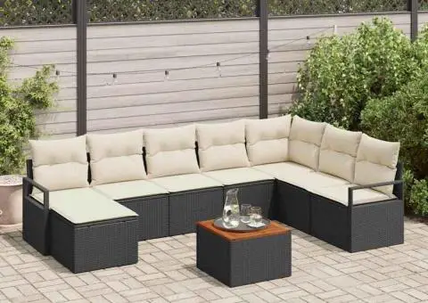 Set canapele de grădină, 9 piese, cu perne, rattan poliester negru, acacia. - 1/5