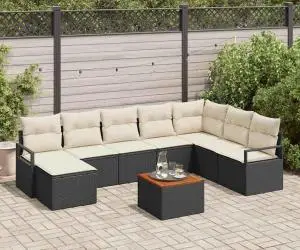 Set canapele de grădină, 9 piese, cu perne, rattan poliester negru, acacia.