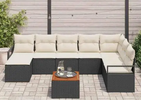 Set canapele de grădină, 9 piese, cu perne, rattan poliester negru, acacia. - 3/5