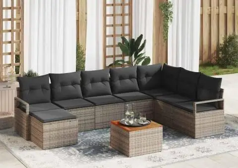 Set de canapea pentru grădină , 9 piese, cu perne, gri, din poli ratan și acacia. - 1/5