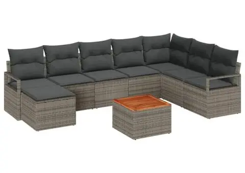 Set de canapea pentru grădină , 9 piese, cu perne, gri, din poli ratan și acacia. - 2/5