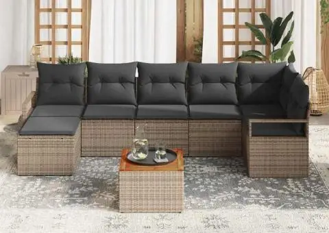 Set de canapea pentru grădină , 9 piese, cu perne, gri, din poli ratan și acacia. - 3/5