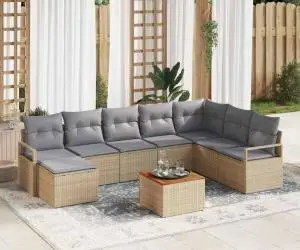 Set de canapea de grădină cu 9 piese și perne bej din ratan sintetic, Acacia