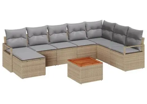 Set de canapea de grădină cu 9 piese și perne bej din ratan sintetic, Acacia - 2/5