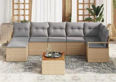 Set de canapea de grădină cu 9 piese și perne bej din ratan sintetic, Acacia - 3/5