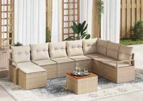 Set de Canapea pentru Grădină cu 9 Piese și Perne Bej din Rattan Poliester și Acacia. - 1/5