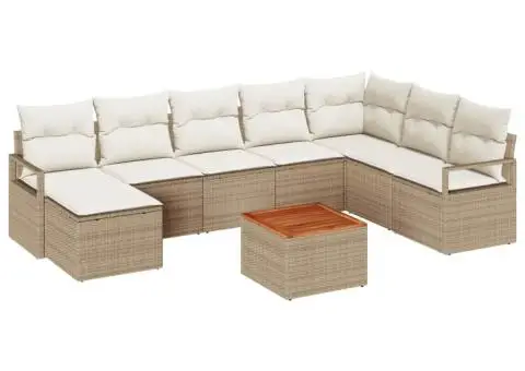 Set de Canapea pentru Grădină cu 9 Piese și Perne Bej din Rattan Poliester și Acacia. - 2/5