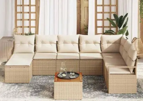 Set de Canapea pentru Grădină cu 9 Piese și Perne Bej din Rattan Poliester și Acacia. - 3/5