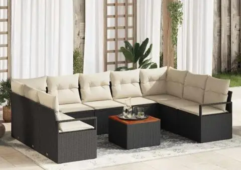 Set de 10 piese de canapea de grădină cu perne din poliratan negru și lemn de acacia. - 1/5